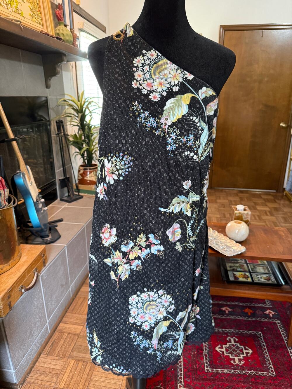 Anthropology Maeve one shoulder cotton black floral studded dress